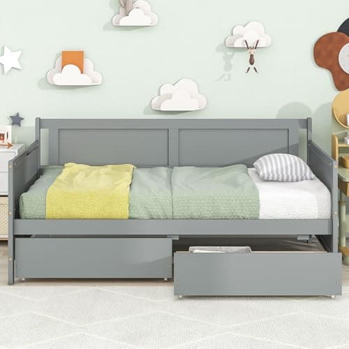 Twin Size Daybed Frame with Storage, White Wood Bed