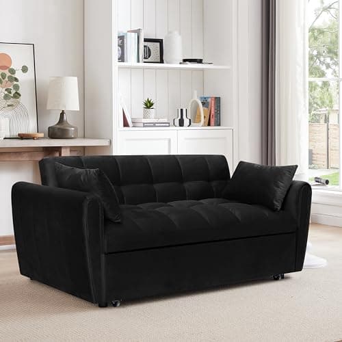 Ball & Cast 65" 3-in-1 Velvet Sleeper Sofa Bed with Adjustable Backrest & 2 Pillows, Black