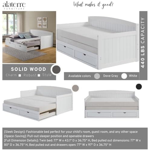 Alaterre Harmony Wood Daybed, Twin Size, White, 440 lbs Capacity, Kids Sleepover, 2 Drawers