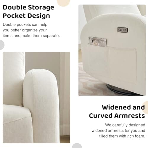 Cream White Power Recliner Glider with USB Ports & Double Pockets