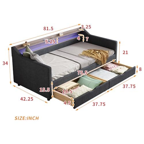 Linen Upholstered Twin Daybed with Storage and USB Port,Dark Grey