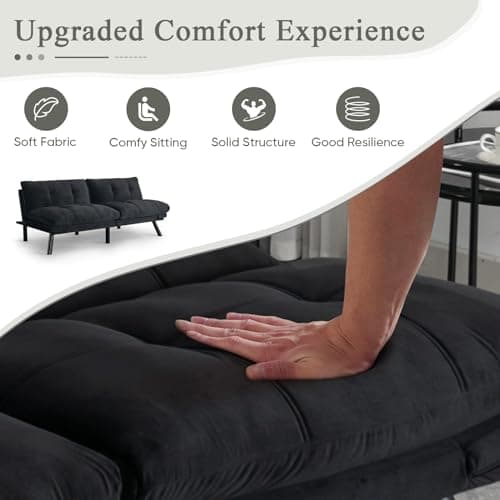 Thick Cushioned 72" L Velvet Futon Couch Bed, Deep Black Reclining Sofa