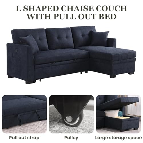 Ink Blue L-Shape Sofa with Storage & Pull-Out Bed USB Ports