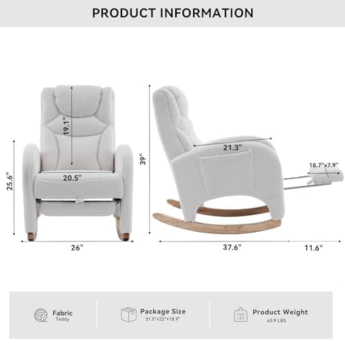 FOXHUNTER Modern Glider Chair with Footrest & Solid Wood Legs, High Backrest & Side Pocket, Teddy Ivory