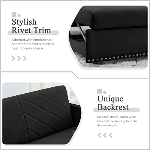 Modern Velvet Sleeper Sofa Bed with USB Port, Small 3-in-1 Convertible Loveseat Couch for Small Spaces, Black