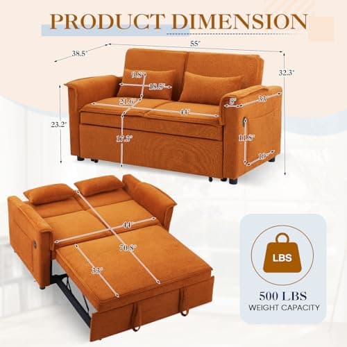Antetek 3-in-1 Pull-Out Sofa Bed with Velvet Chaise Lounge, USB Charging, Orange