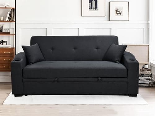 75" Queen Size Convertible Futon Couch with Pull Out Bed and Cup Holders, Blue