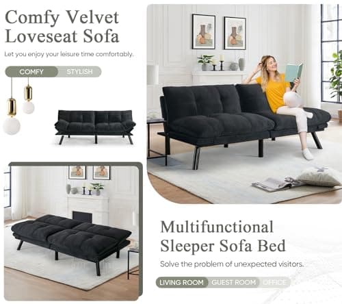 Thick Cushioned 72" L Velvet Futon Couch Bed, Deep Black Reclining Sofa