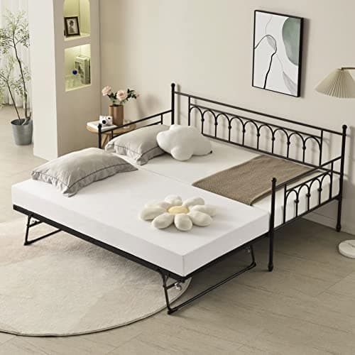 Vintage Metal Twin Day Bed with Pop-Up Trundle for Home Office