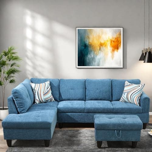 L-Shaped Couch with Chaise, 6 Seat Modern Living Room Sectional in Black/Grey with Storage