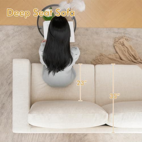 ELUCHANG 85" Natural Linen 3 Seater Deep Seat Sofa, Comfy for Small Spaces
