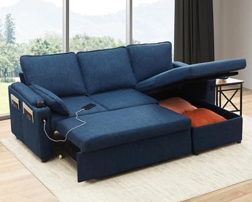 Blue Sectional Sleeper Sofa Bed with Storage, USB, and Cup Holders for Apartment Living Room