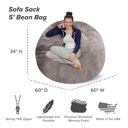 Plush Memory Foam Bean Bag Chair for Dorm Room - Gray - 5 Feet