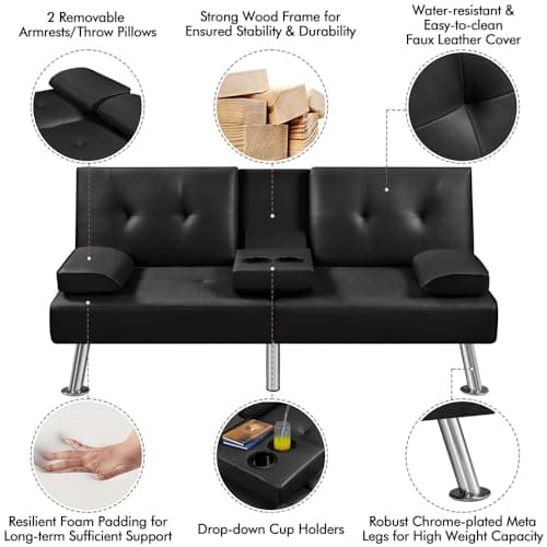 Yaheetech Adjustable Couch Bed with Faux Leather, Black