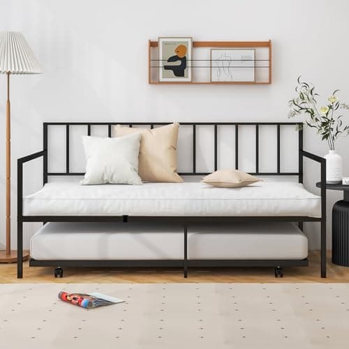 Giantex Black Metal Twin Day Bed with Pullout Trundle & Lockable Casters