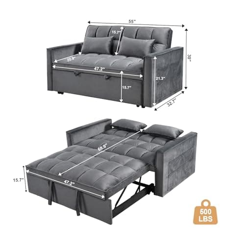 Grey 3-in-1 Convertible Velvet Bed Sofa, Pull-out Lounger with Reclining Backrest (55.1")