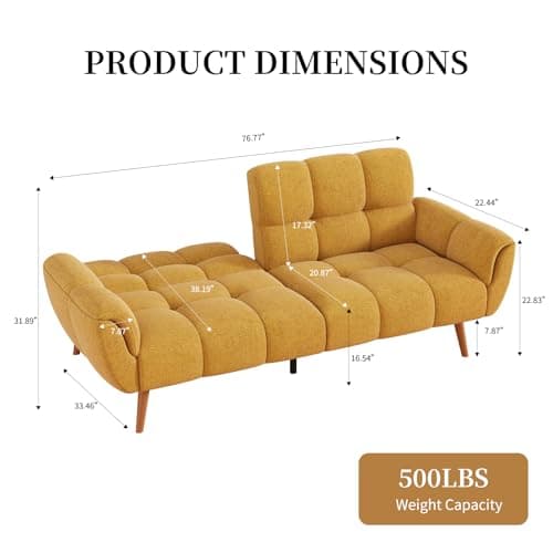 Modern Yellow Linen Futon Sofa Bed with Adjustable Backrests