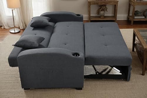 75" Queen Size Convertible Futon Couch with Pull Out Bed and Cup Holders, Blue