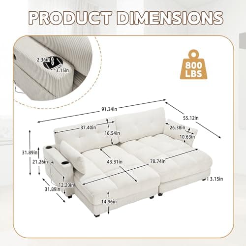 Beige 91-inch Modular Chaise Lounge Sleeper Sofa with USB Ports & Cup Holders
