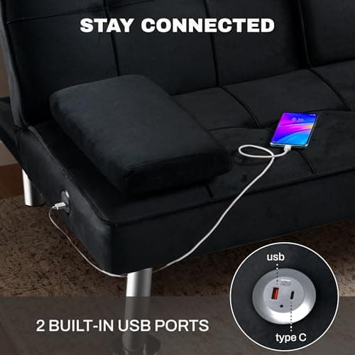 FLEXISPOT XCT3 Velvet Black Futon Sofa Bed USB Charging
