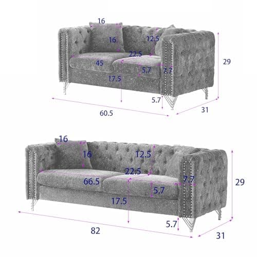 Modern Chenille Living Room Furniture Set with Copper Nail Trim, Beige