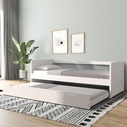 Modern Wood Daybed with Armrest and Trundle, White