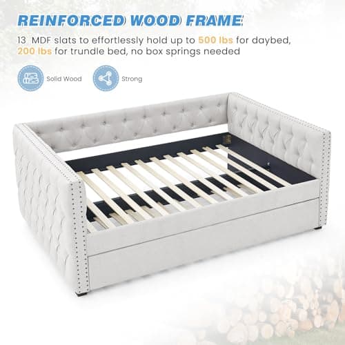 Antetek Modern Upholstered Full-Size Daybed with Trundle for Bedroom and Living Room (Beige)