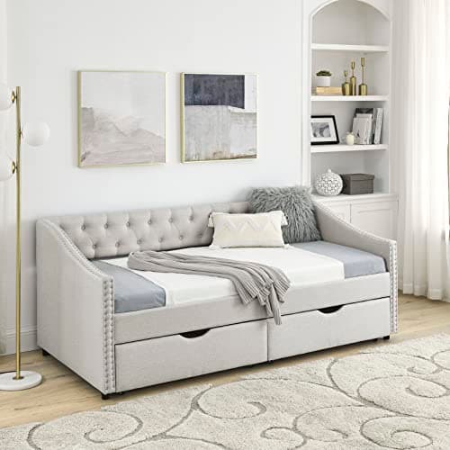 Beige Wood Twin Daybed with Storage & Button Design for Bedroom