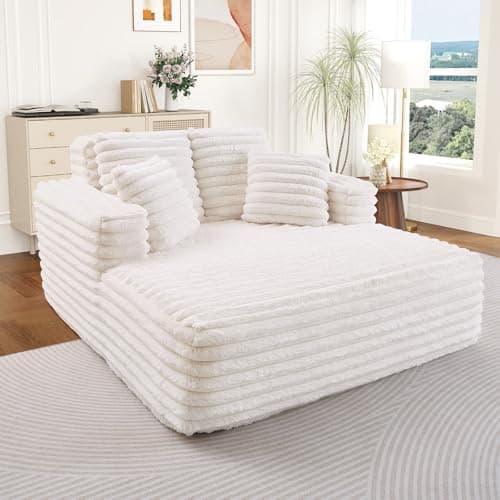 Oversized Chaise Lounge Indoor Beige Modern Plush Corduroy Fabric Deep Seat Boneless Memory Foam Sleeper Sofa Chair with Pillows for Living Room Bedroom Studio No Assembly Couch