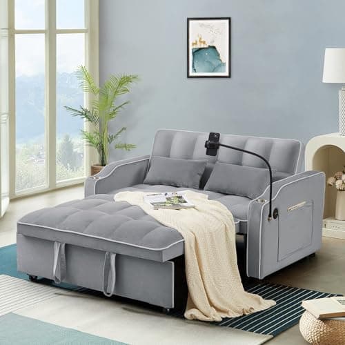 Modern 3-in-1 Sleeper Sofa with USB & Type C Ports, Adjustable Backrest, and Phone/Cup Holder for Living Room or Apartment, Blue Velvet