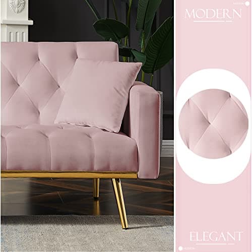 Golden Tapered Metal Legs, Pink 73-inch Reclining Velvet Futon Sofa Bed