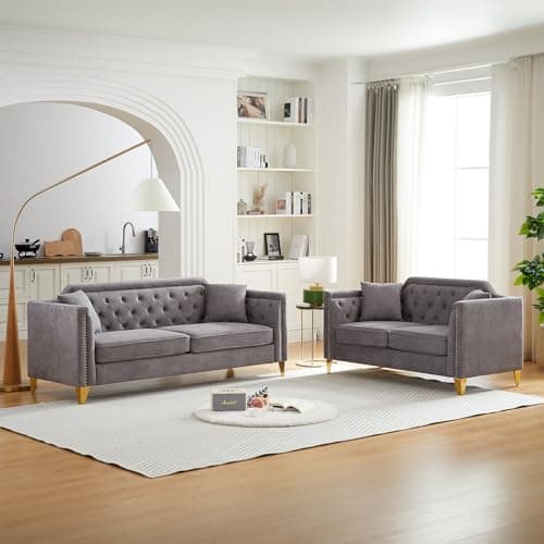 Modern Comfortable 2 Piece Sofa and Loveseat Set with Chenille Fabric and Thick Cushions, Beige