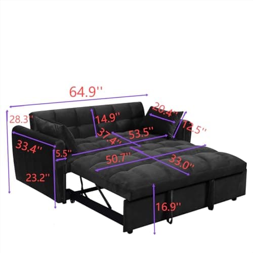 Ball & Cast 65" 3-in-1 Velvet Sleeper Sofa Bed with Adjustable Backrest & 2 Pillows, Black