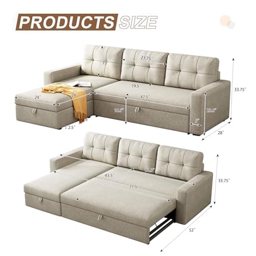 Beige L-Shaped Sleeper Sectional with Reversible Storage for Living Room & Apartment
