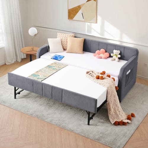 Beige Velvet Tufted Twin to King Extendable Daybed with USB Port