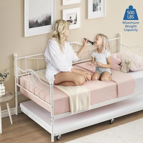 Modern Steel Slat Twin Daybed with Pull Out for Kids & Living Room, White