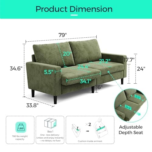 LINSY 79" Loveseat Sofa - Green Corduroy with Adjustable Seat and Spring Cushion