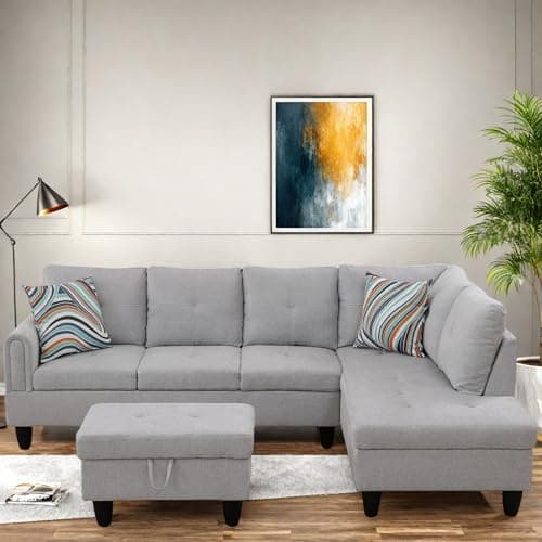 L-Shaped Couch with Chaise, 6 Seat Modern Living Room Sectional in Black/Grey with Storage