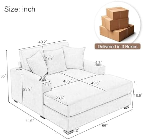 Modern 55" Oversized Chaise Lounger, Luxurious Chenille Fabric Single Sofa Chair with Pillows, Charge Station & Cup Holders for Living Room Apartment Offices (Blue Gray-55'')