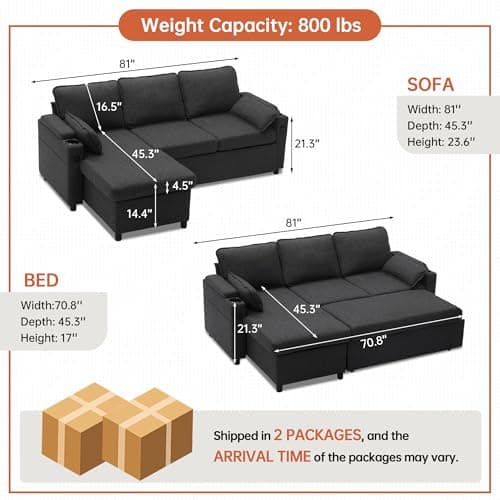 DURASPACE L-Shaped Sleeper Sofa with Storage & USB (Dark Gray)
