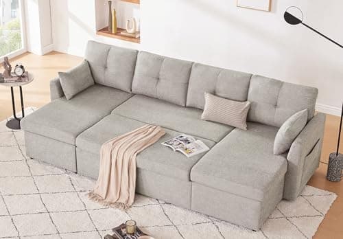 Light Grey 110 Inch 2-in-1 Pullout Couch Bed with Storage Chaise