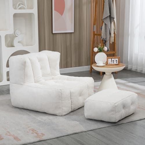 Modern Bean Bag Chair with Ottoman, Comfy Sofa Chair with High Pressure Foam - Beige