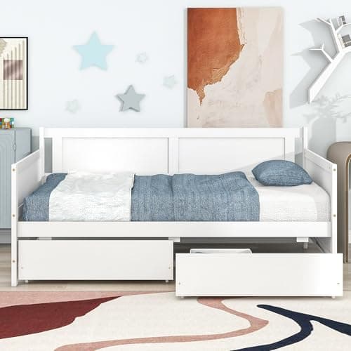 Twin Size Daybed Frame with Storage, White Wood Bed