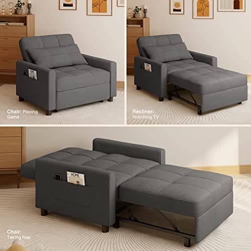 3-in-1 Convertible Futon Sofa Recliner, Dark Grey Linen Fabric Bed for Living Room Apartment