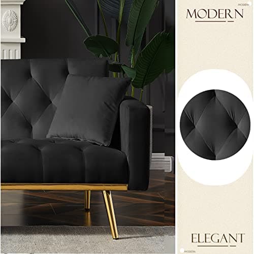 73-inch Reclining Velvet Futon Sofa Bed with 3 Angles, Black Living Room Loveseat