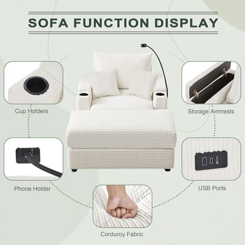 Oversized White Chaise Lounge Chair with Ottoman & 2 Pillows, USB Ports & Cup Holders (39.4")
