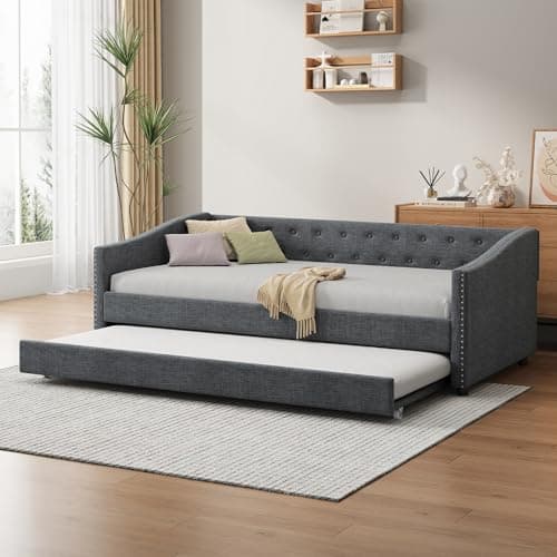 Light Grey Twin Daybed with Trundle and Button Tufted Upholstery
