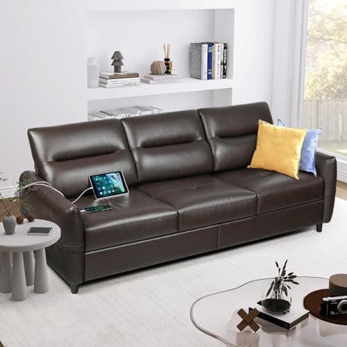 Mid Century Modern 85" Black Leather Sofa with USB Charging Ports