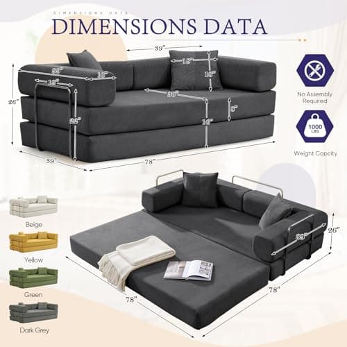 Dark Grey Convertible Sleeper Sofa Bed with Memory Foam & Cylindrical Pillows