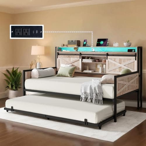 Rustic White Farmhouse Daybed with Trundle, Sliding Barn Door & Charging Station